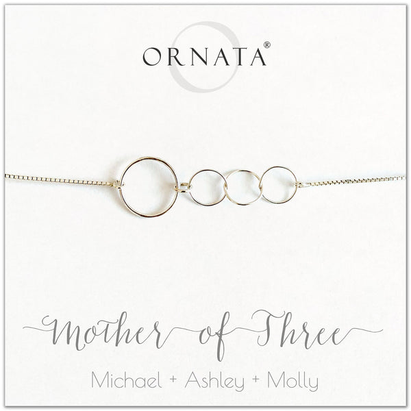 Mother of three personalized sterling silver bolo bracelet. Our custom bracelets make good gifts for moms and family. Great mother’s day gift.