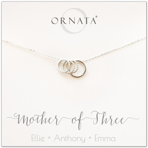 Mom or Mother of Three - personalized silver necklaces. Our sterling silver custom jewelry is a perfect gift for mothers of three children, wives, or family members. Also a good gift for Mother’s Day. Delicate sterling silver rings represent a mother and her three children.