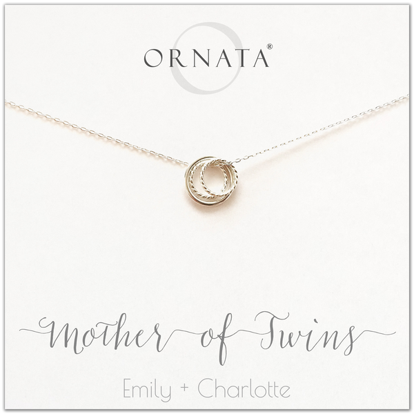 Mom or Mother of Twins - personalized silver necklaces. Our sterling silver custom jewelry is a perfect gift for mothers of twins, daughters, granddaughters, grandmothers, sisters, best friends, wives, girlfriends, and family members. Also a good gift for Mother’s Day. Delicate sterling silver rings represent a mother and her two twin children.