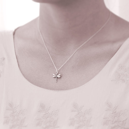 Personalized necklace - silver dragonfly necklaces - sterling silver custom jewelry for friend or sister. Inspirational quote about luck, wisdom, and victory.