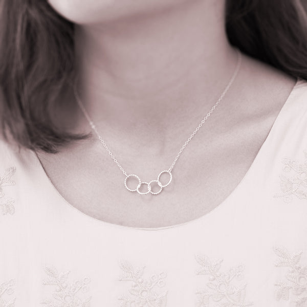 Custom Family of 4 necklace - personalized jewelry is sterling silver and the custom necklaces are good gifts for moms, daughters, sisters, family friends, or grandmas. Also good Mother’s Day gift or Mother’s Day jewelry for family of 4.
