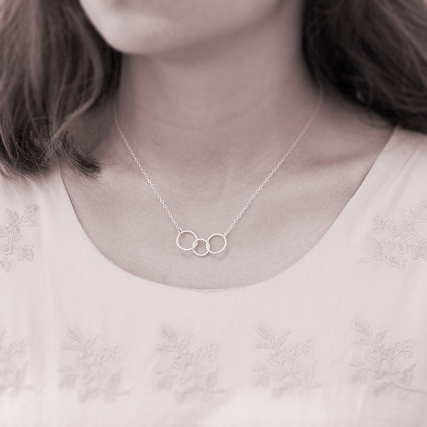 Custom Family of 3 necklace - personalized jewelry is sterling silver and the custom necklaces are good gifts for moms, daughters, sisters, family friends, or grandmas. Also good Mother’s Day gift or Mother’s Day jewelry for family of 3.