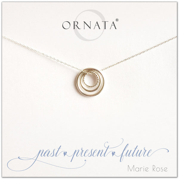 Past Present Future Three Ring - personalized silver necklaces. Our sterling silver custom jewelry is a perfect gift for mothers, daughters, granddaughters, grandmothers, sisters, best friends, wives, girlfriends, and family members. Three rings represent three generations.