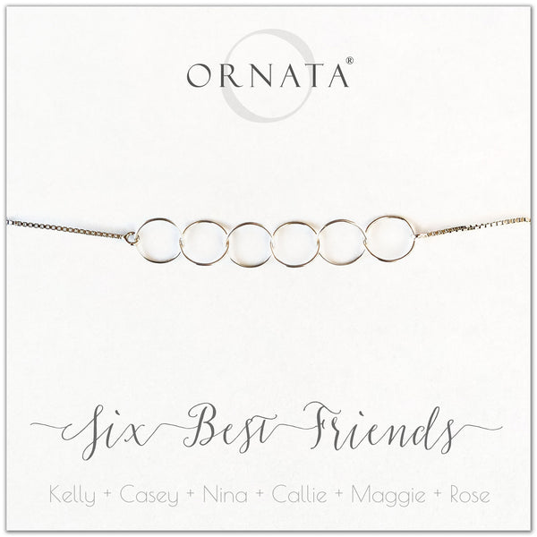 Six best friends personalized sterling silver bolo bracelet. Our custom bracelets make good gifts for best friends or sisters.