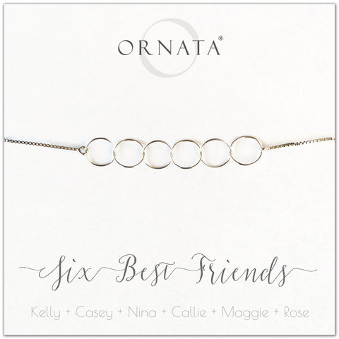 Six best friends personalized sterling silver bolo bracelet. Our custom bracelets make good gifts for best friends or sisters. 
