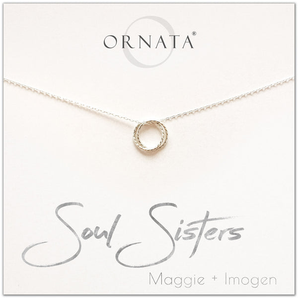 Personalized soul sisters necklace. Our sterling silver custom jewelry is a perfect gift for best friends, sisters, BFFs, and soul mates - symbolic necklace to represent two soul mates with two silver rings. Good gift for best friend or sister.
