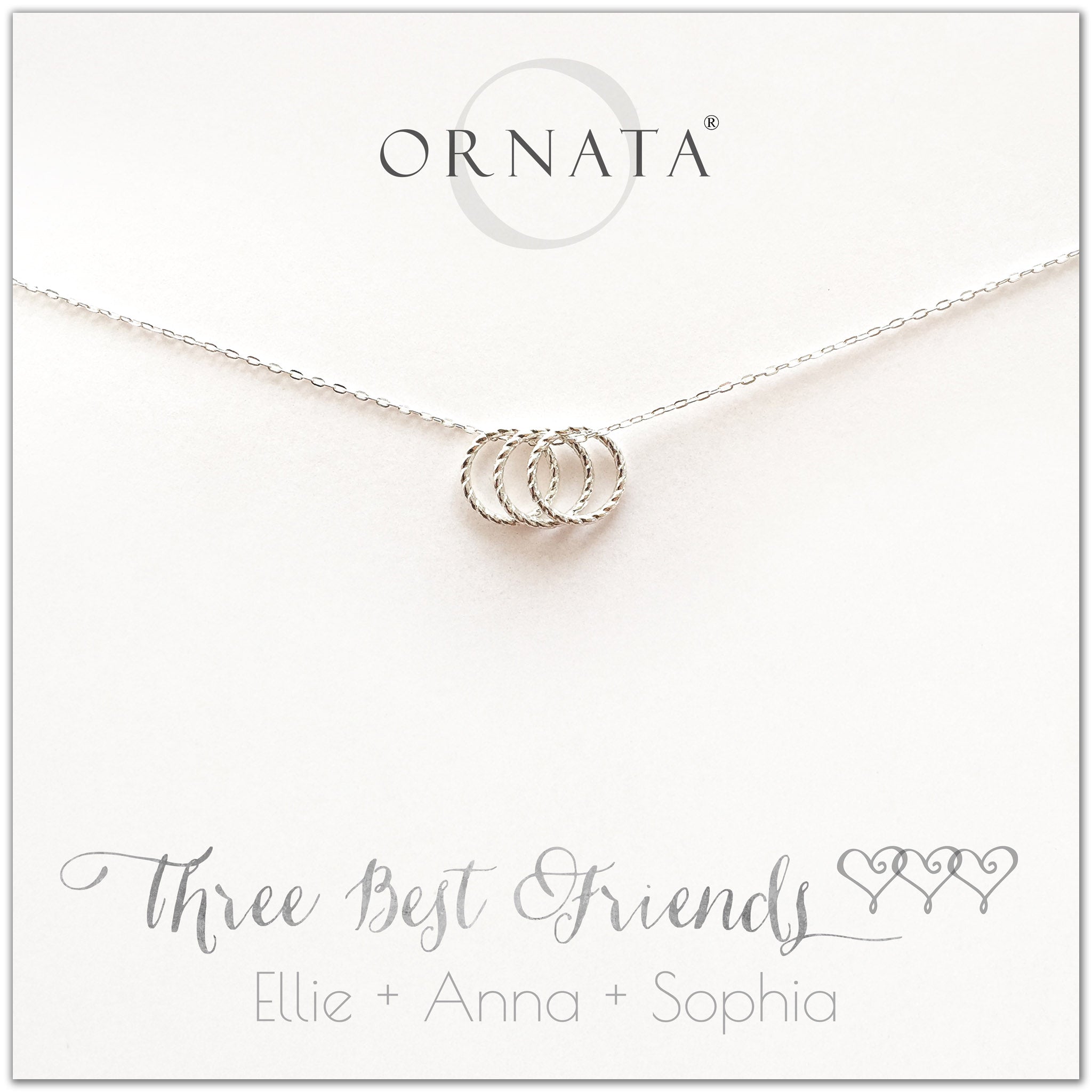 Personalized three best friends necklace. Our sterling silver custom jewelry is a perfect gift for best friends, sisters, and BFFs - symbolic necklace to represent three best friends with three silver interlocking rings. Good gift for best friend or sister.