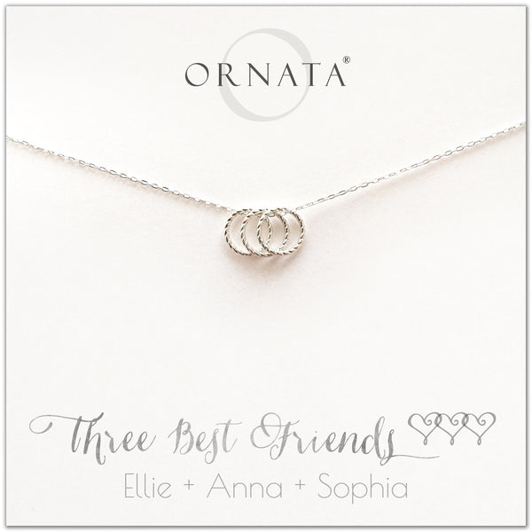 Personalized three best friends necklace. Our sterling silver custom jewelry is a perfect gift for best friends, sisters, and BFFs - symbolic necklace to represent three best friends with three silver interlocking rings. Good gift for best friend or sister.