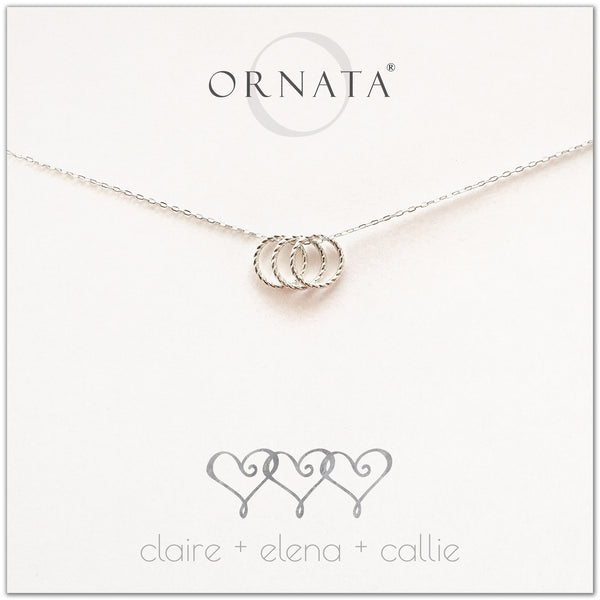 Personalized three hearts necklace. Our sterling silver custom jewelry is a perfect gift for best friends, sisters, BFFs, moms, families - symbolic necklace to represent three friends or family members with three silver interlocking rings. Good gift for best friend or sister or mom.