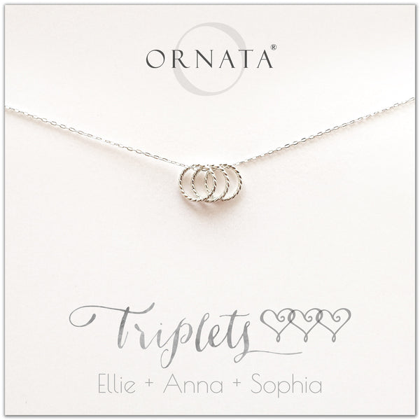 Personalized triplets necklace. Our sterling silver custom jewelry is a perfect gift for best friends, sisters, BFFs, moms, and mothers of triplets - symbolic necklace to represent triplet sisters with two silver interlocking rings. Good gift for best friend or sister or mom of triplets.