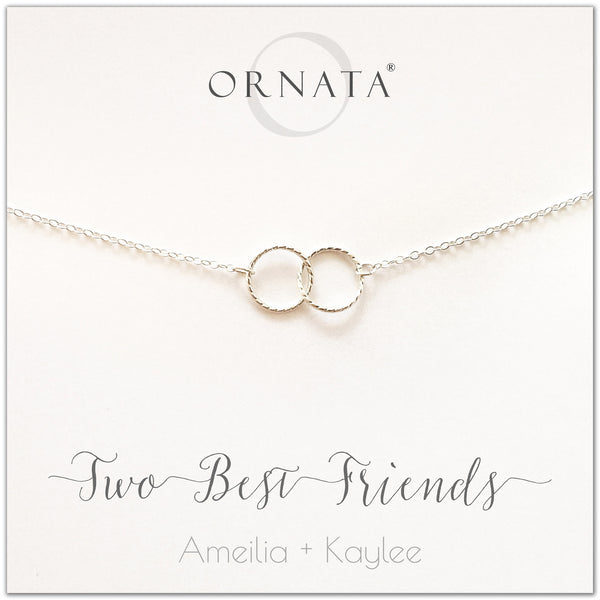 Personalized best friends necklace. Our sterling silver custom jewelry is a perfect gift for best friends, sisters, BFFs, and soul mates - symbolic necklace to represent two best friends with two silver interlocking rings. Good gift for best friend or sister. 