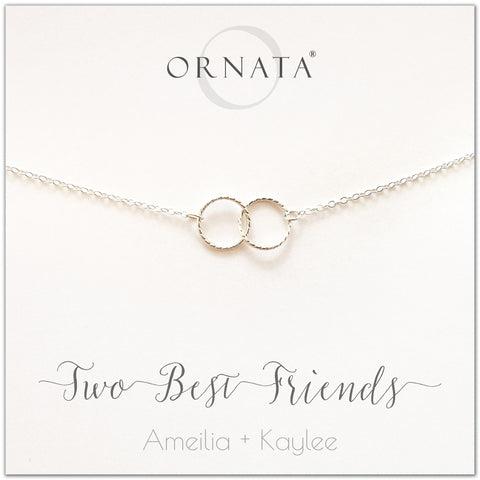Personalized best friends necklace. Our sterling silver custom jewelry is a perfect gift for best friends, sisters, BFFs, and soul mates - symbolic necklace to represent two best friends with two silver interlocking rings. Good gift for best friend or sister. 