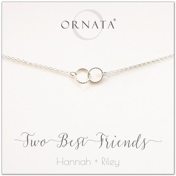 Personalized best friends necklace. Our sterling silver custom jewelry is a perfect gift for best friends, sisters, BFFs, and soul mates - symbolic necklace to represent two best friends with two silver interlocking rings. Good gift for best friend or sister.
