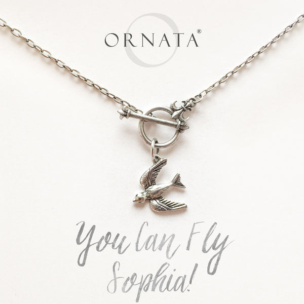 “You Can Fly” Swallow Necklace w/ Fleur-de-Lis Toggle