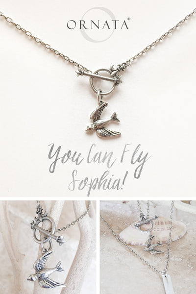 “You Can Fly” Swallow Necklace w/ Fleur-de-Lis Toggle