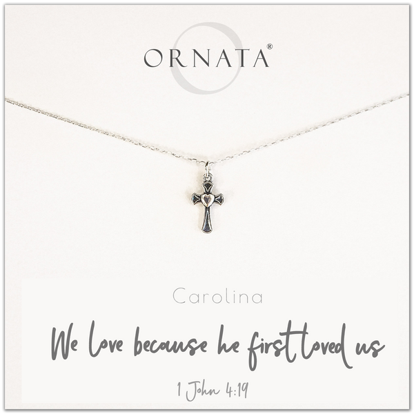 "1 John 4:19” Sterling Silver Cross and Heart Necklace on Personalized Jewelry Card