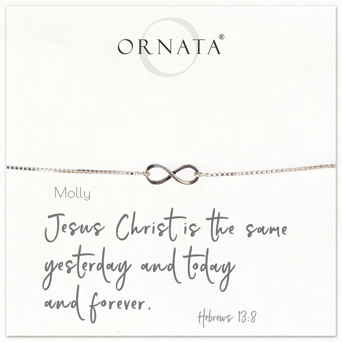 "HEBREWS 13:8" INFINITY STERLING SILVER BOLO BRACELET ON PERSONALIZED JEWELRY CARD