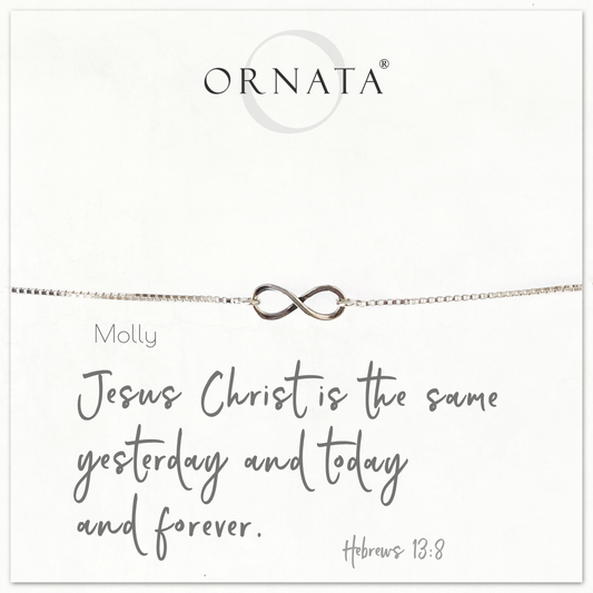 "HEBREWS 13:8" INFINITY STERLING SILVER BOLO BRACELET ON PERSONALIZED JEWELRY CARD