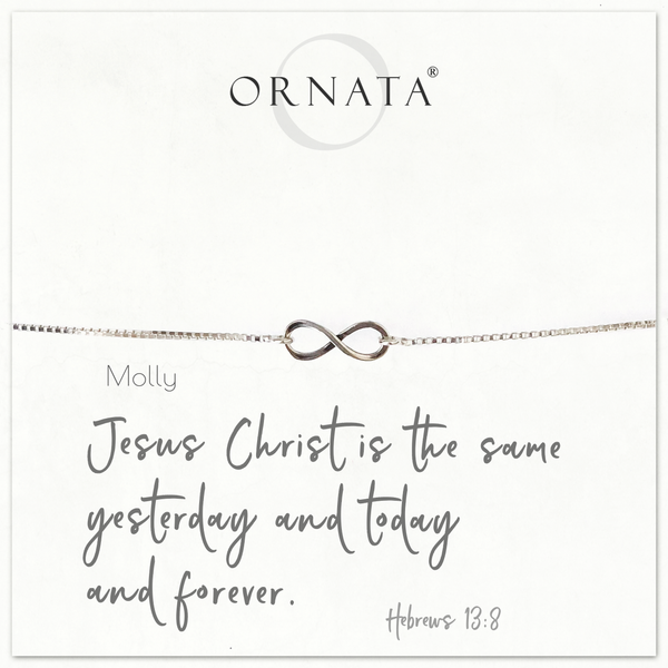 "HEBREWS 13:8" INFINITY STERLING SILVER BOLO BRACELET ON PERSONALIZED JEWELRY CARD