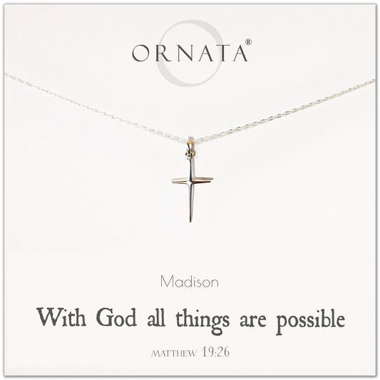 "Matthew 19:26" Sterling Silver Cross Necklace on Jewelry Card