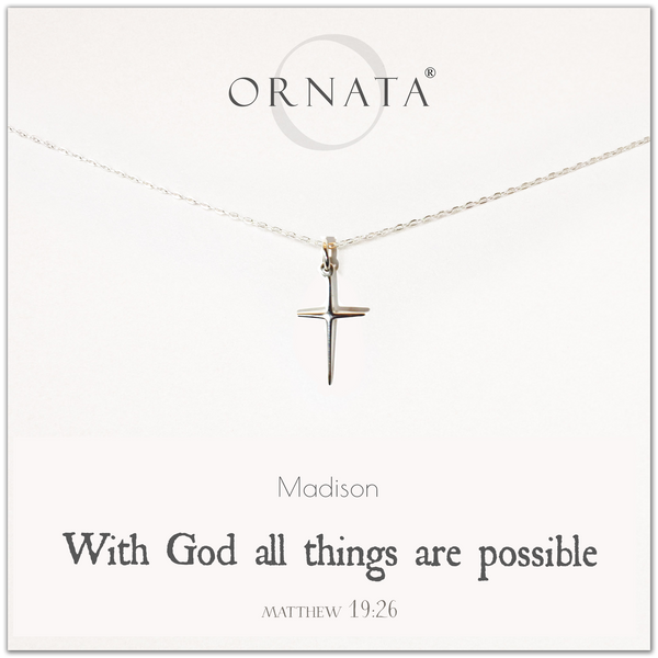 "Matthew 19:26" Sterling Silver Cross Necklace on Jewelry Card
