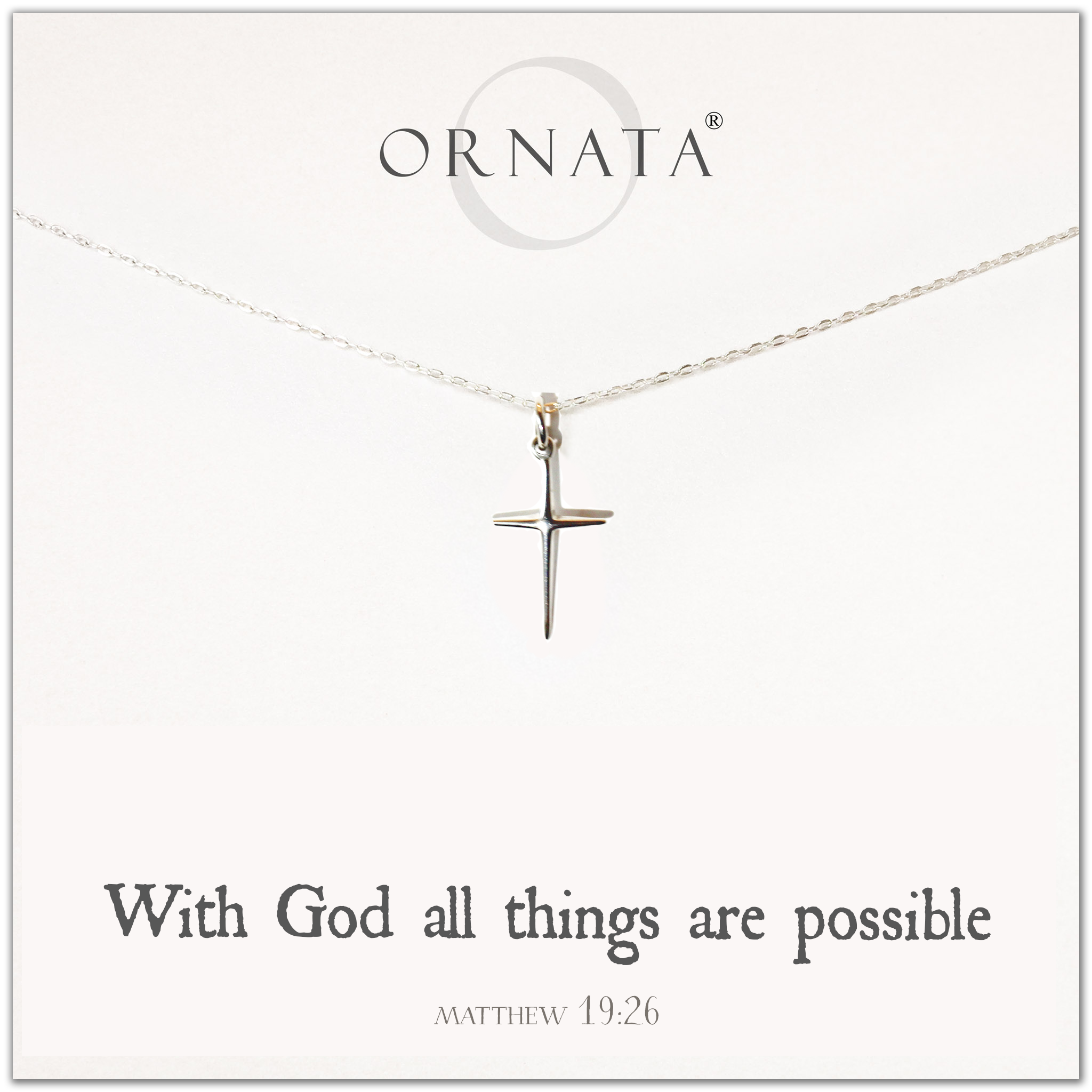 "Matthew 19:26" Sterling Silver Cross Necklace on Jewelry Card