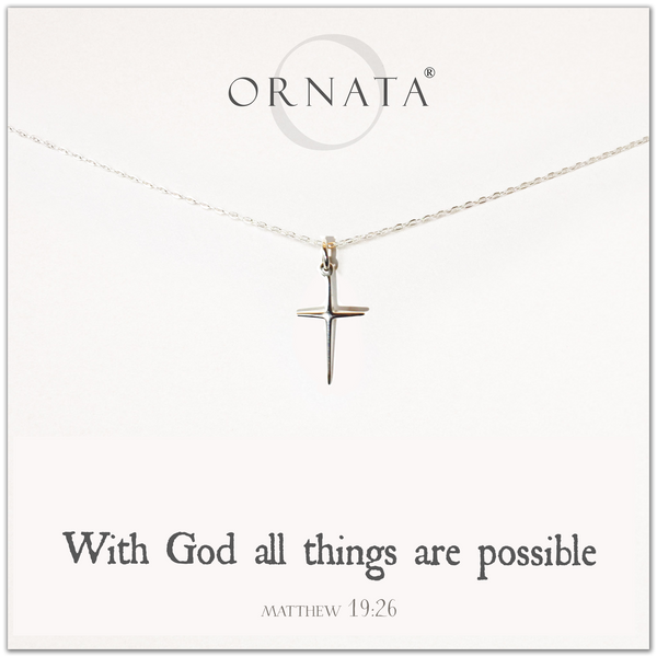 "Matthew 19:26" Sterling Silver Cross Necklace on Jewelry Card