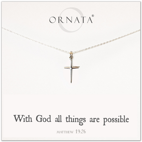 "Matthew 19:26" Sterling Silver Cross Necklace on Jewelry Card