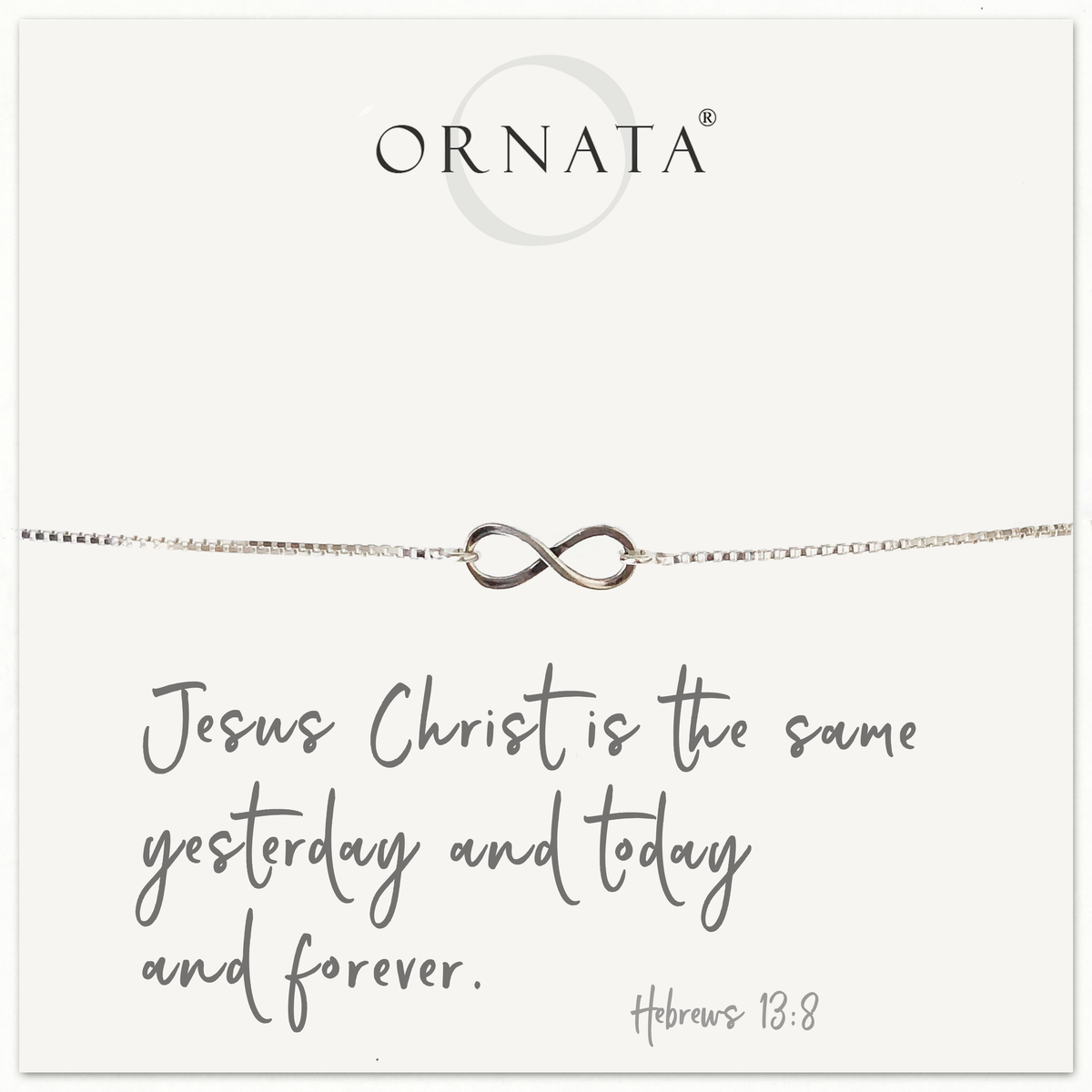 "HEBREWS 13:8" INFINITY STERLING SILVER BOLO BRACELET ON PERSONALIZED JEWELRY CARD