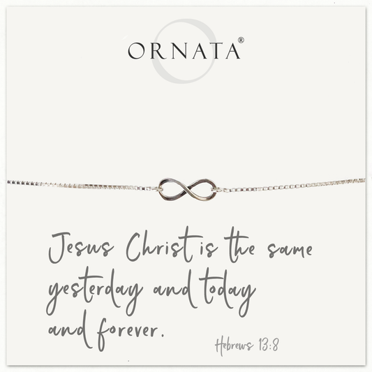 "HEBREWS 13:8" INFINITY STERLING SILVER BOLO BRACELET ON PERSONALIZED JEWELRY CARD