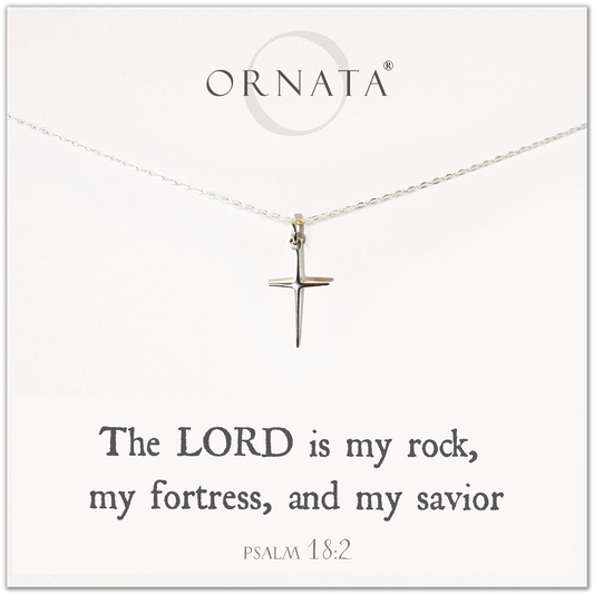 "PSALM 18:2” STERLING SILVER CROSS NECKLACE ON JEWELRY CARD