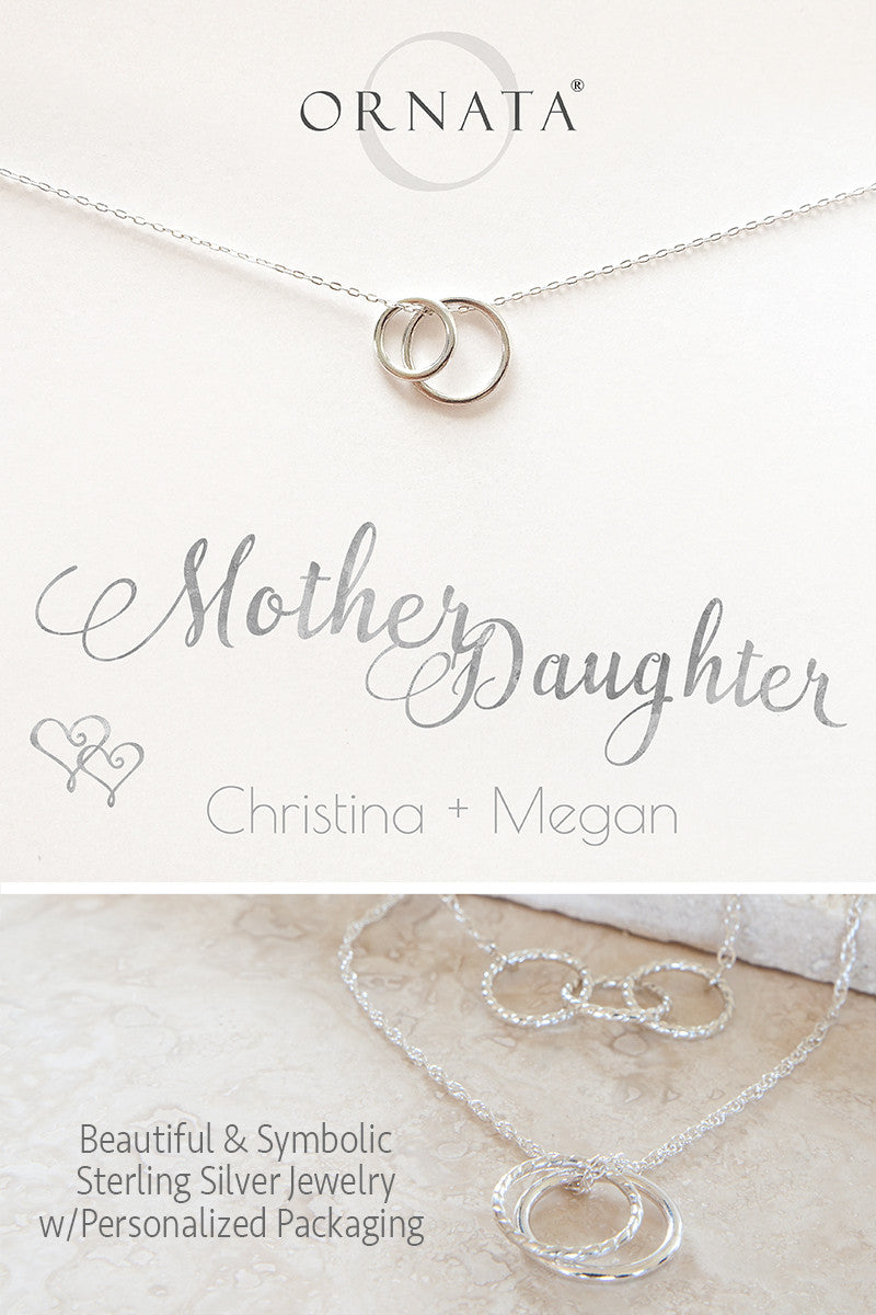 Custom Mother Daughter Necklace - personalized jewelry is sterling silver and the custom necklaces are perfect gifts for a mother, grandmother, wife, or daughter. Also good Mother’s Day gift or Mother’s Day jewelry for moms of daughters. 