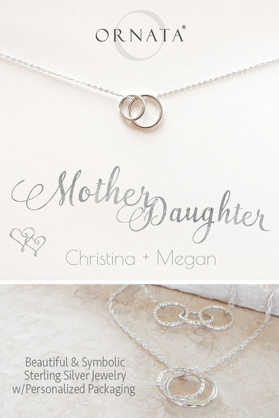 Custom Mother Daughter Necklace - personalized jewelry is sterling silver and the custom necklaces are perfect gifts for a mother, grandmother, wife, or daughter. Also good Mother’s Day gift or Mother’s Day jewelry for moms of daughters. 