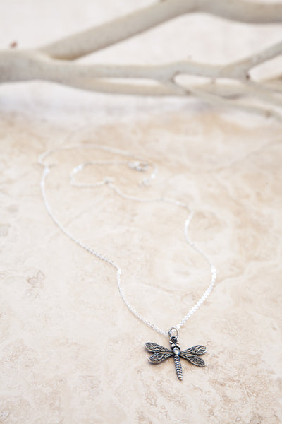 “Wisdom, Luck, & Victory” Dragonfly Sterling Silver and Silver Plated Necklace | Small
