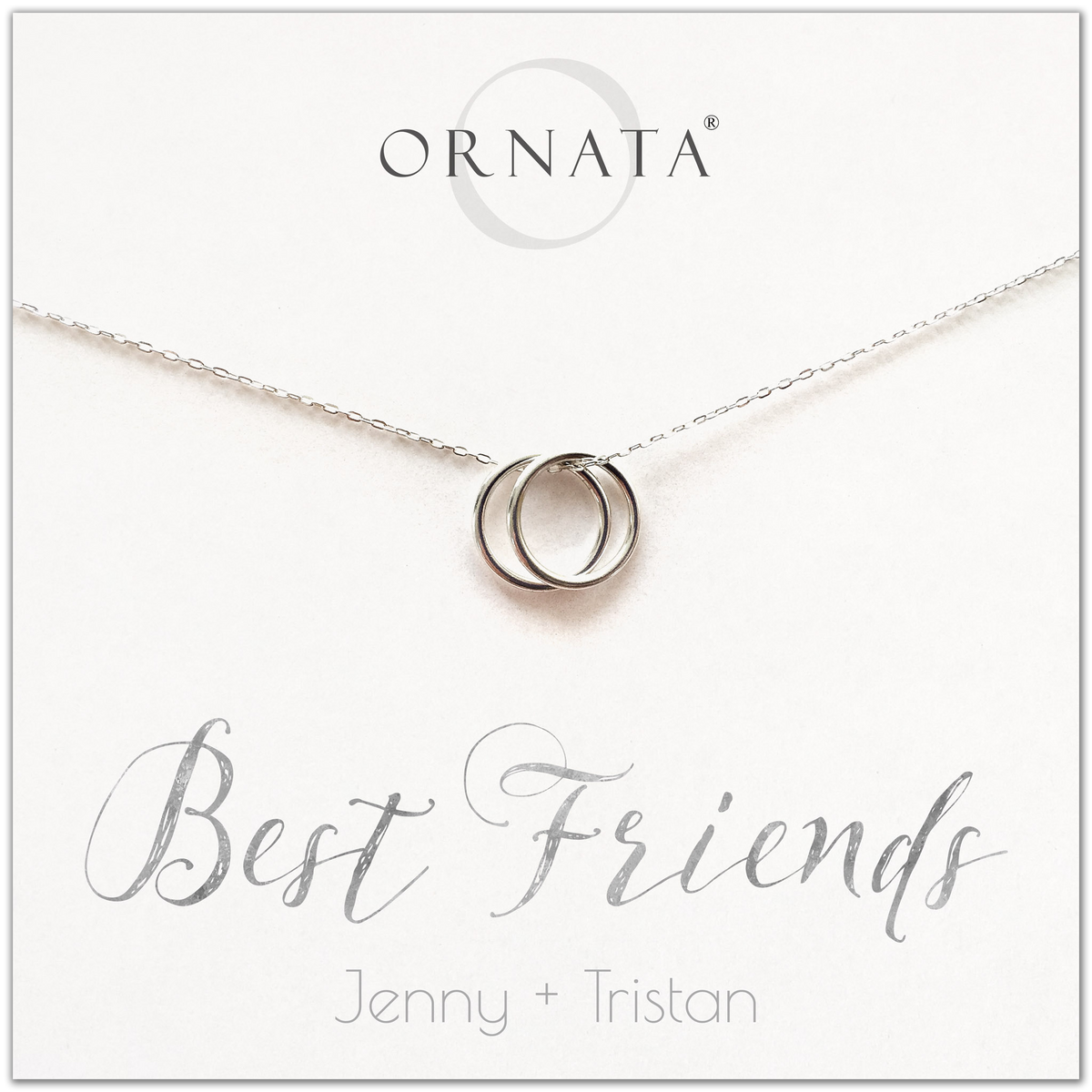 Personalized best friends necklace. Our sterling silver custom jewelry is a perfect gift for best friends, sisters, BFFs, and soul mates - symbolic necklace to represent two best friends with two silver interlocking rings. Good gift for best friend or sister. 