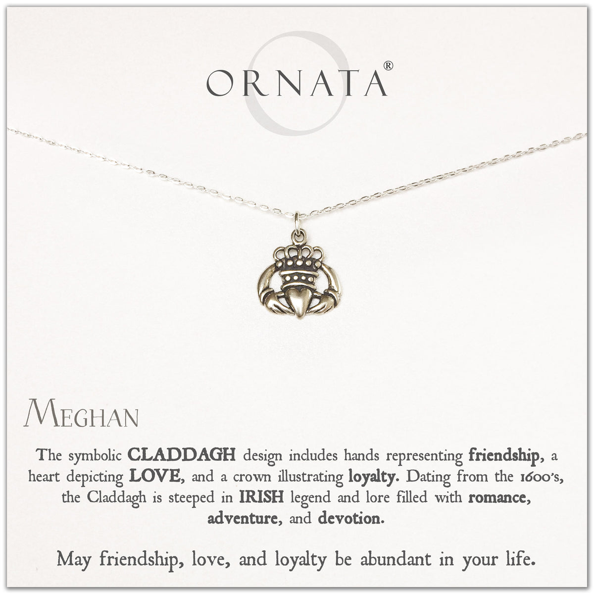 Claddagh necklace - personalized silver Irish claddagh necklace. Our sterling silver custom jewelry is a perfect gift to symbolize friendship, loyalty, and love with this traditional Irish jewelry. Two hands hold a heart to symbolize love. 