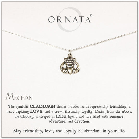 Claddagh necklace - personalized silver Irish claddagh necklace. Our sterling silver custom jewelry is a perfect gift to symbolize friendship, loyalty, and love with this traditional Irish jewelry. Two hands hold a heart to symbolize love. 