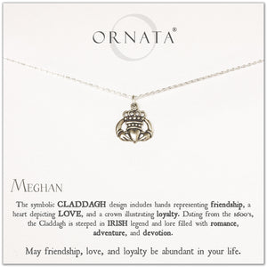 Claddagh necklace - personalized silver Irish claddagh necklace. Our sterling silver custom jewelry is a perfect gift to symbolize friendship, loyalty, and love with this traditional Irish jewelry. Two hands hold a heart to symbolize love. 
