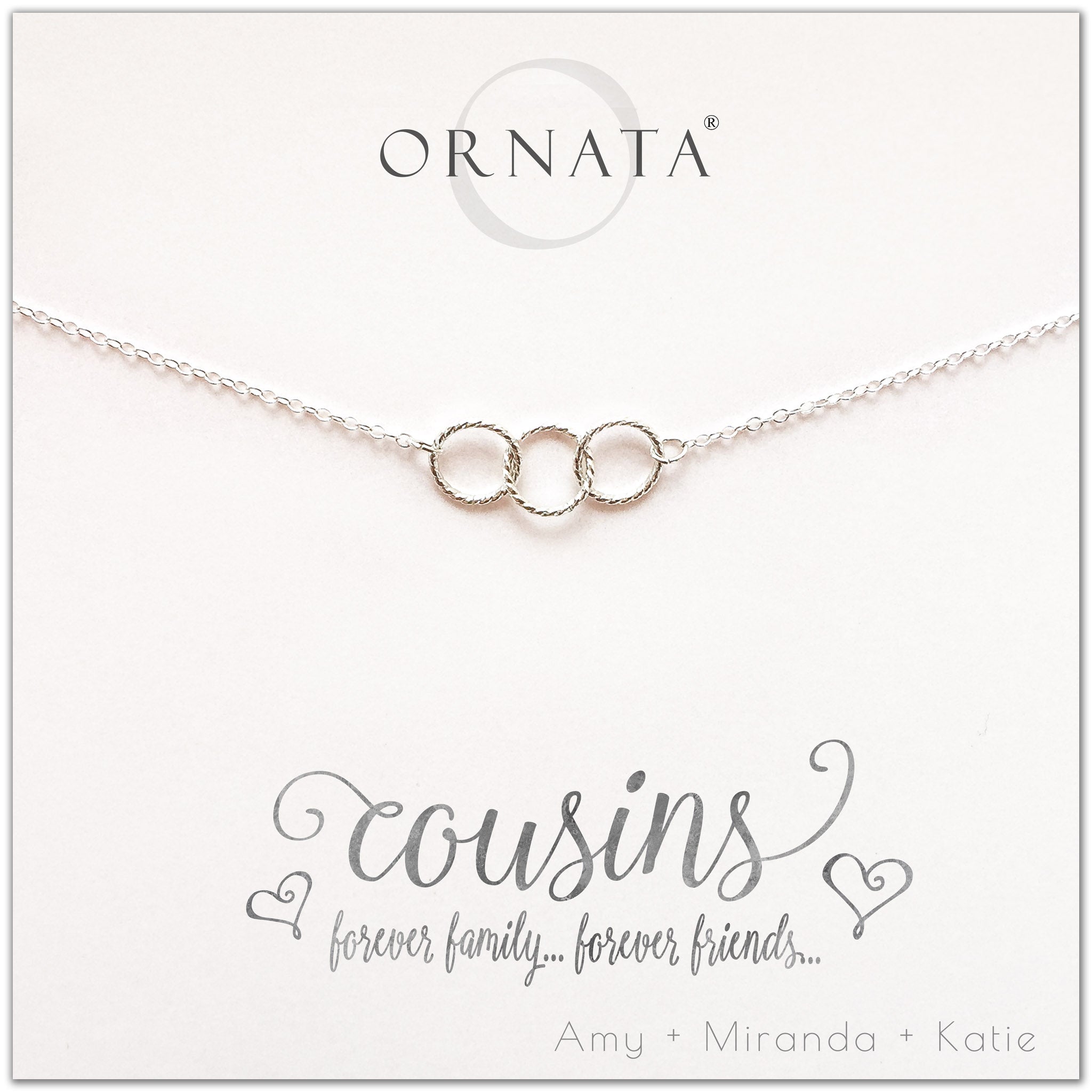 Cousins necklace - personalized silver necklaces. Our sterling silver custom jewelry is a perfect gift for cousins who are also best friends. Interlocking rings show the special bond between cousins. 