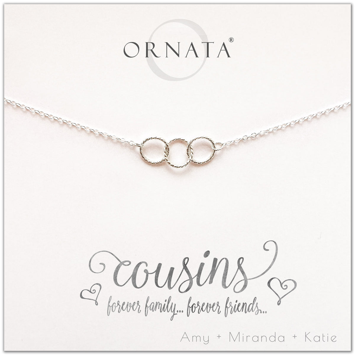 Cousins necklace - personalized silver necklaces. Our sterling silver custom jewelry is a perfect gift for cousins who are also best friends. Interlocking rings show the special bond between cousins. 