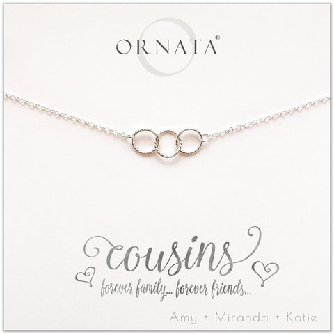 Cousins necklace - personalized silver necklaces. Our sterling silver custom jewelry is a perfect gift for cousins who are also best friends. Interlocking rings show the special bond between cousins. 