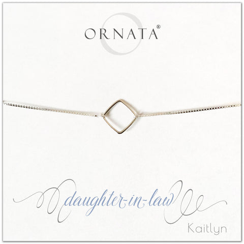 Daughter in law personalized sterling silver bolo bracelet. Our custom bracelets make good gifts for mothers in law to give their daughters in law. Great birthday or mother’s day gift for daughter in law. 
