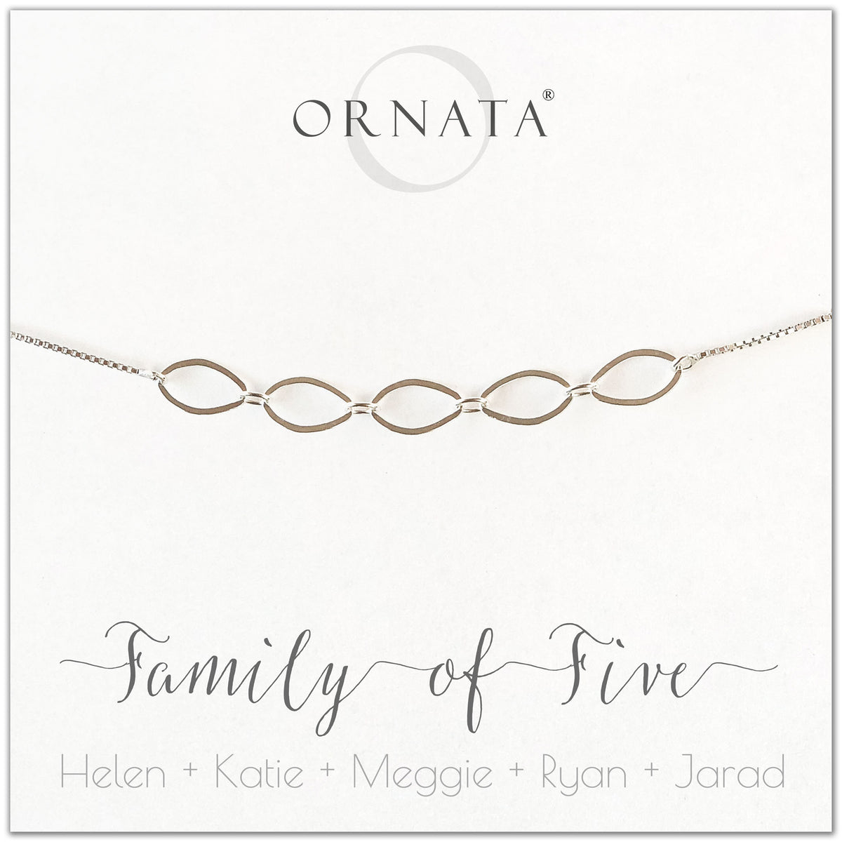 Family of five personalized sterling silver bolo bracelet. Our custom bracelets make good gifts for new families, mothers, and newlyweds. Great bridal shower gift, wedding gift, or baby shower gift. Also good mother’s day gift. 