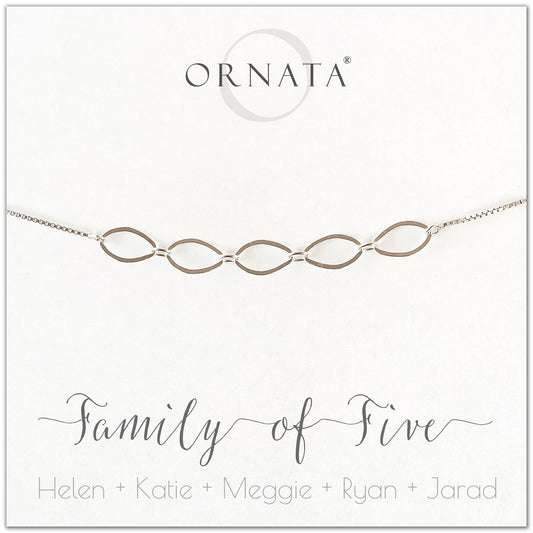 Family of five personalized sterling silver bolo bracelet. Our custom bracelets make good gifts for new families, mothers, and newlyweds. Great bridal shower gift, wedding gift, or baby shower gift. Also good mother’s day gift. 