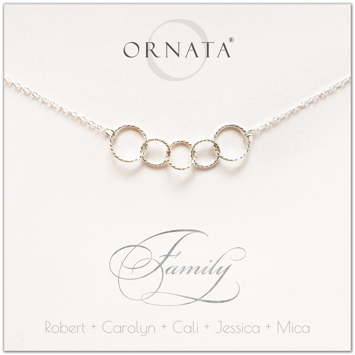 Family of Five Personalized silver necklaces for families of five. Our sterling silver custom family jewelry is a perfect gift for new families, newlyweds, parents, new parents, friends, sisters, mothers, and grandmothers. Family jewelry is also a good gift for Mother’s Day. 