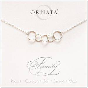 Family of Five Personalized silver necklaces for families of five. Our sterling silver custom family jewelry is a perfect gift for new families, newlyweds, parents, new parents, friends, sisters, mothers, and grandmothers. Family jewelry is also a good gift for Mother’s Day. 