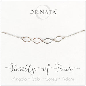 Family of four personalized sterling silver bolo bracelet. Our custom bracelets make good gifts for new families, mothers, and newlyweds. Great bridal shower gift, wedding gift, or baby shower gift. Also good mother’s day gift. 