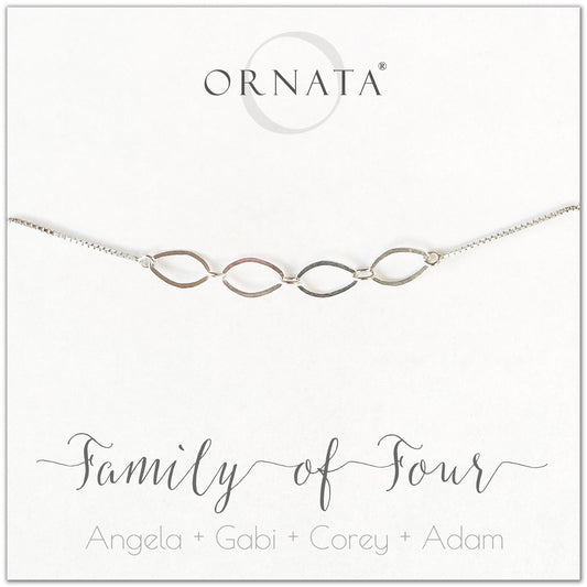 Family of four personalized sterling silver bolo bracelet. Our custom bracelets make good gifts for new families, mothers, and newlyweds. Great bridal shower gift, wedding gift, or baby shower gift. Also good mother’s day gift. 