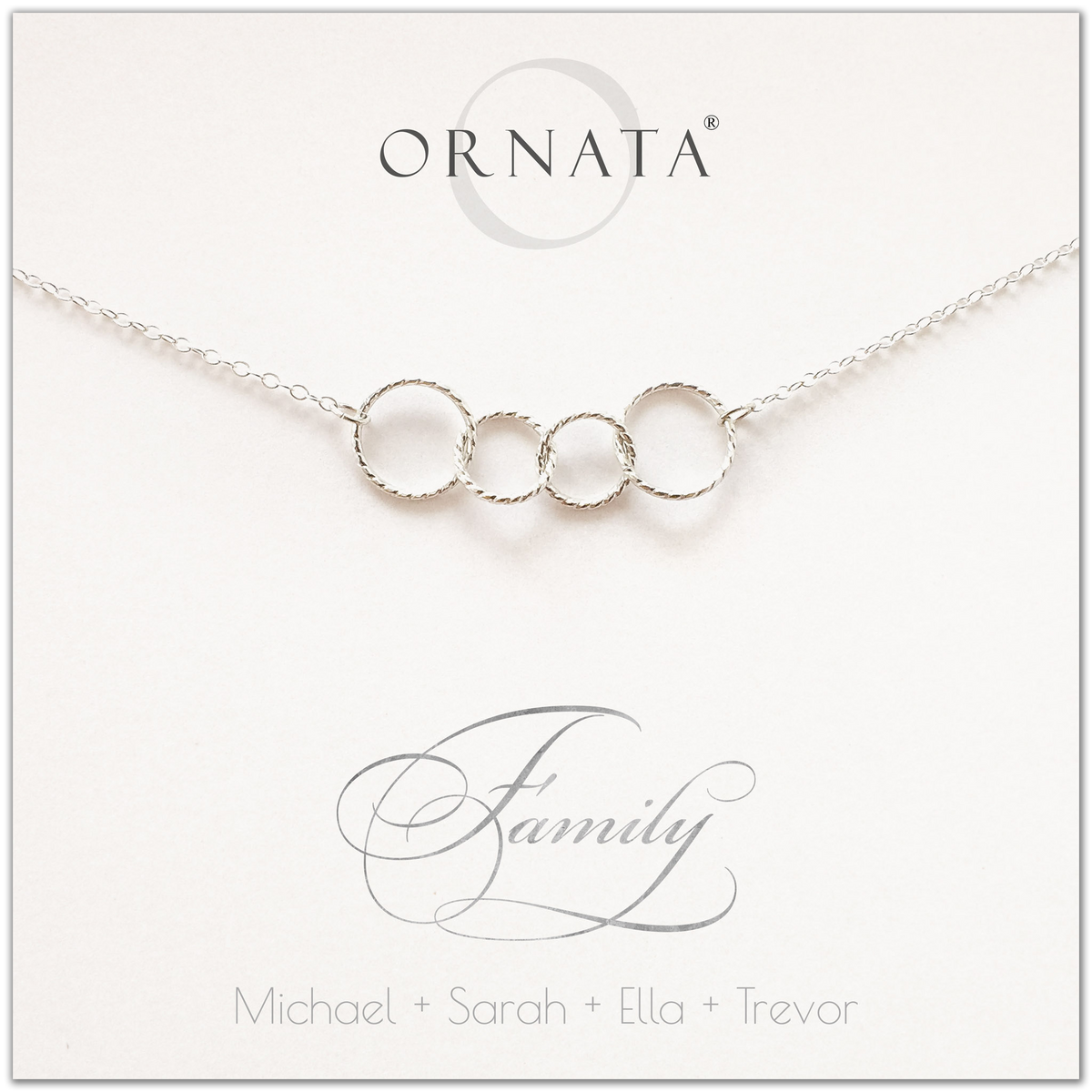 Family of Four Personalized silver necklaces for families of four. Our sterling silver custom family jewelry is a perfect gift for new families, newlyweds, parents, new parents, friends, sisters, mothers, and grandmothers. Family jewelry is also a good gift for Mother’s Day. 