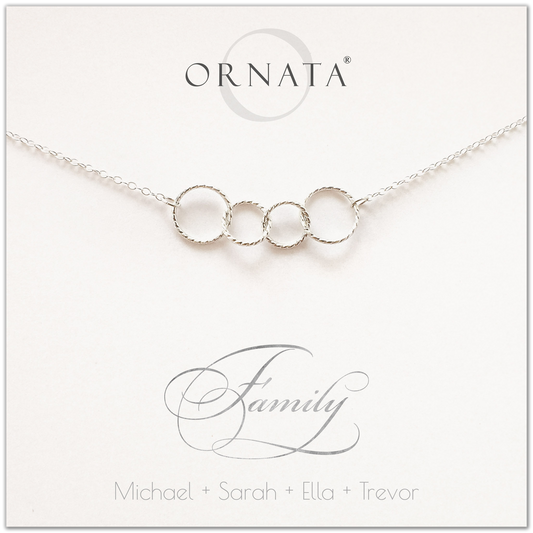 Family of Four Personalized silver necklaces for families of four. Our sterling silver custom family jewelry is a perfect gift for new families, newlyweds, parents, new parents, friends, sisters, mothers, and grandmothers. Family jewelry is also a good gift for Mother’s Day. 